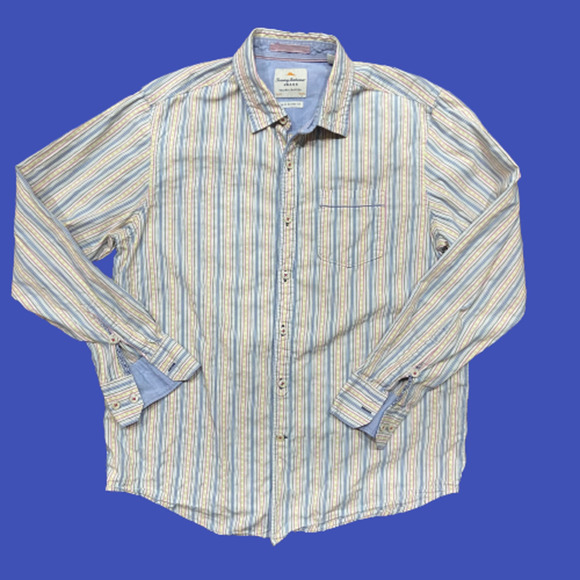 Tommy Bahama 100% Cotton Island Fit Striped Multicolor Shirt Men's Size Medium - Picture 1 of 8